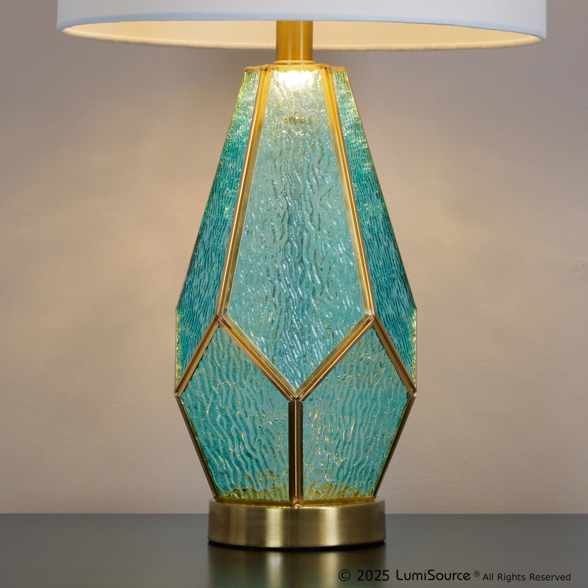 Geo Rain Glass 25" Table Lamp - Set of 2 - Gold Metal, Turquoise Glass, White Linen