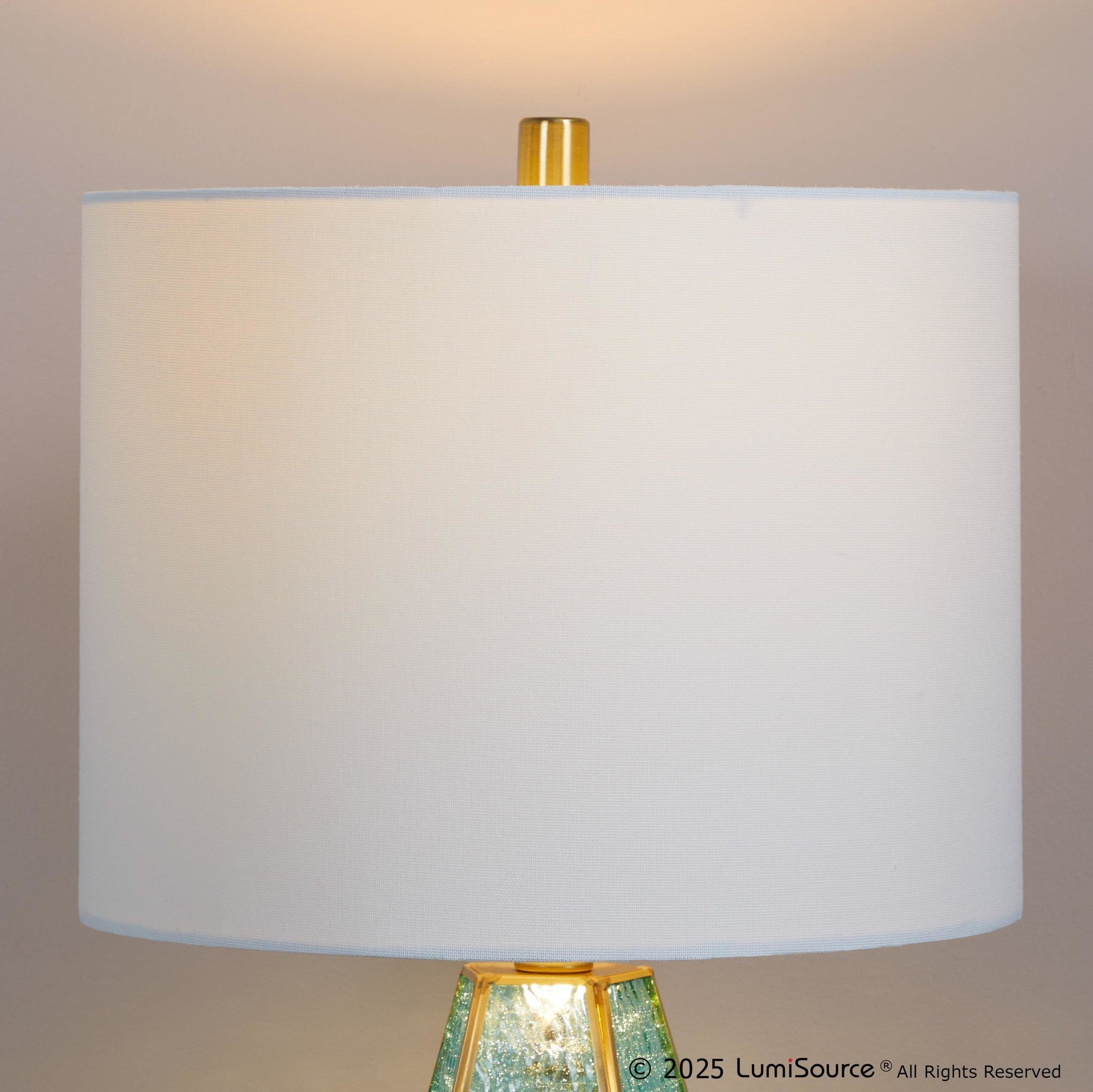 Geo Rain Glass 25" Table Lamp - Set of 2 - Gold Metal, Turquoise Glass, White Linen