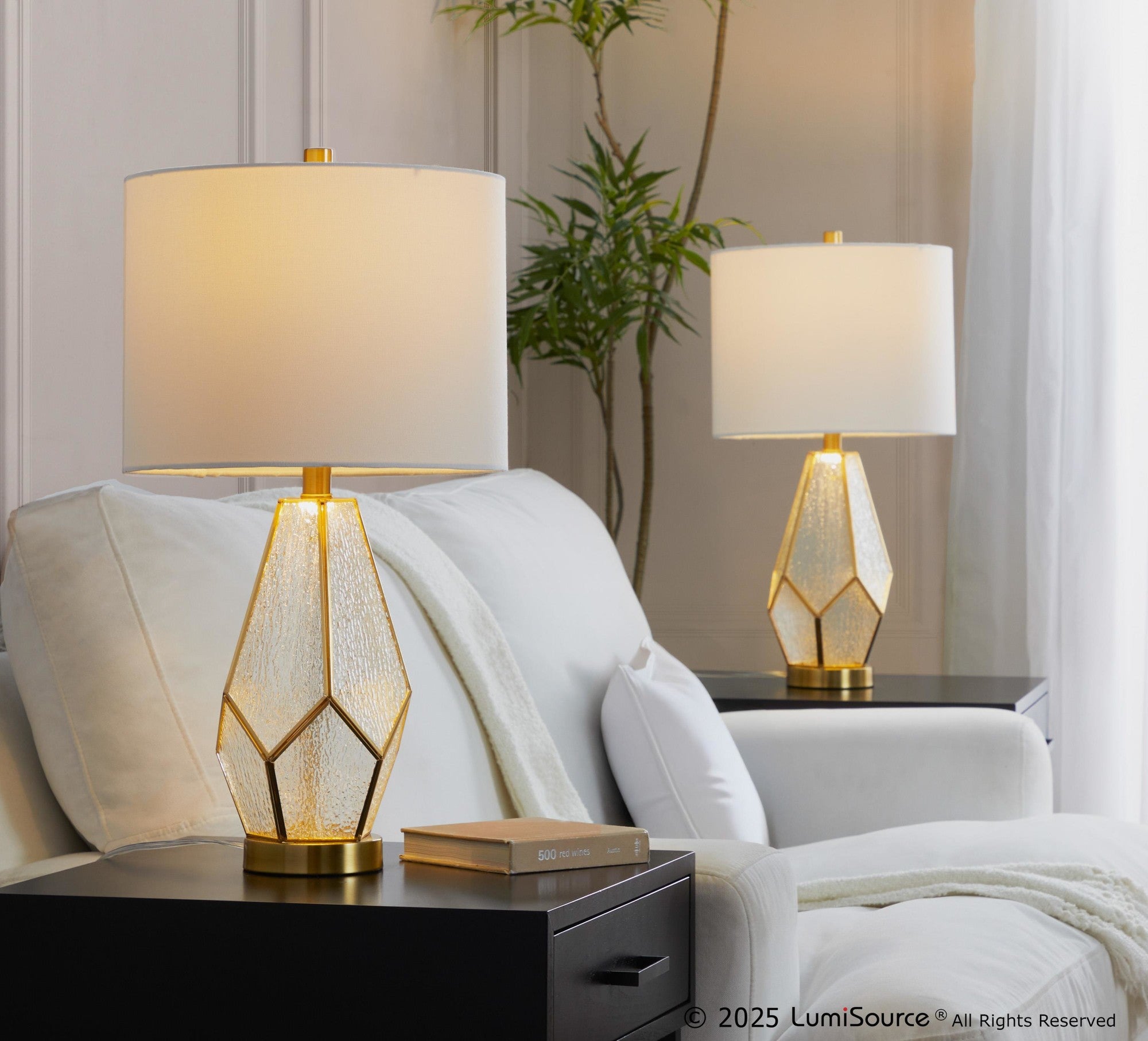 Geo Rain Glass 25" Table Lamp - Set of 2 - Gold Metal, White Glass, White Linen