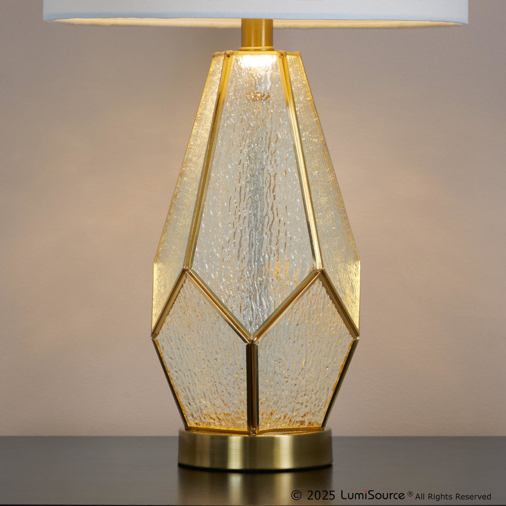 Geo Rain Glass 25" Table Lamp - Set of 2 - Gold Metal, White Glass, White Linen