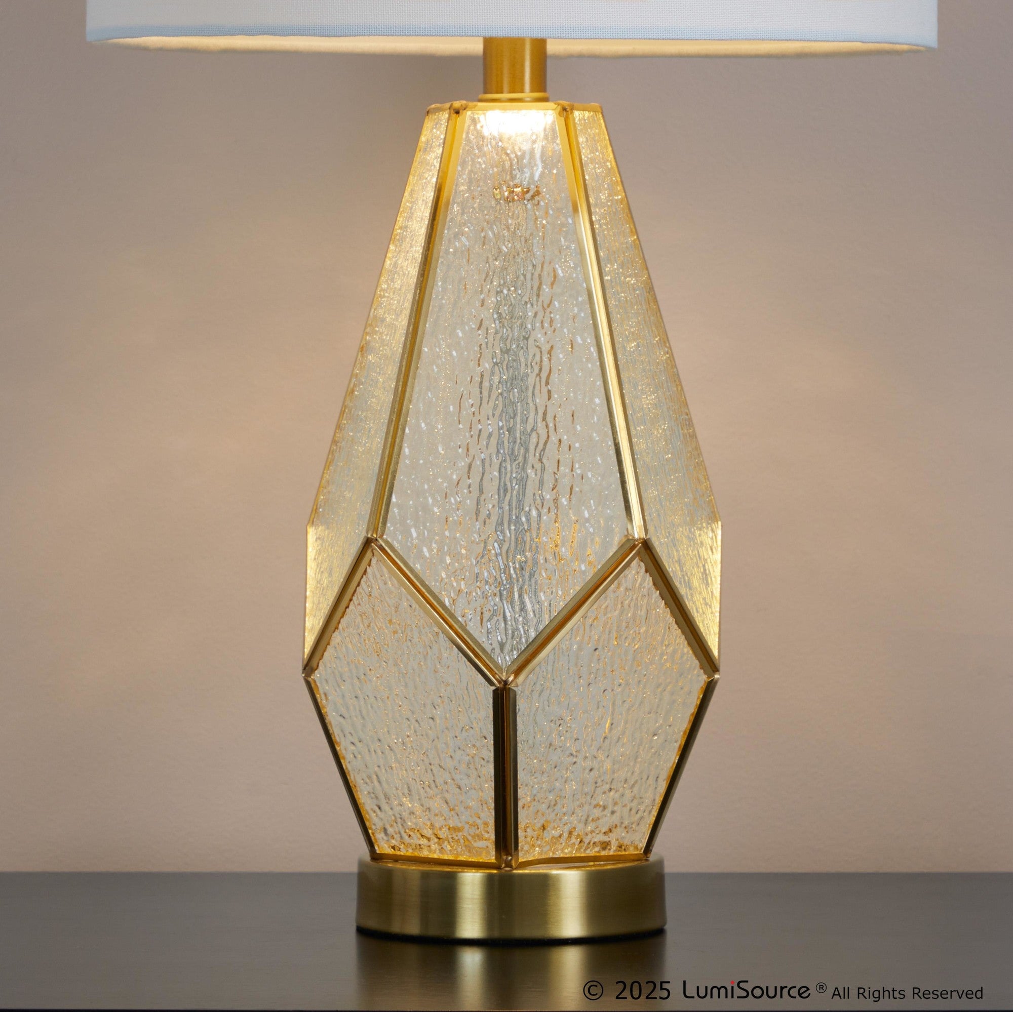Geo Rain Glass 25" Table Lamp - Set of 2 - Gold Metal, White Glass, White Linen