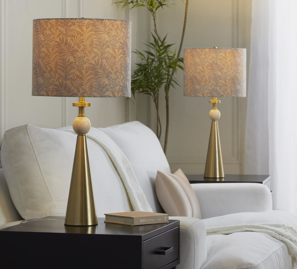Cone Travertine 27" Table Lamp - Set of 2 - Gold Metal, Travertine, Tan Leaf Shade