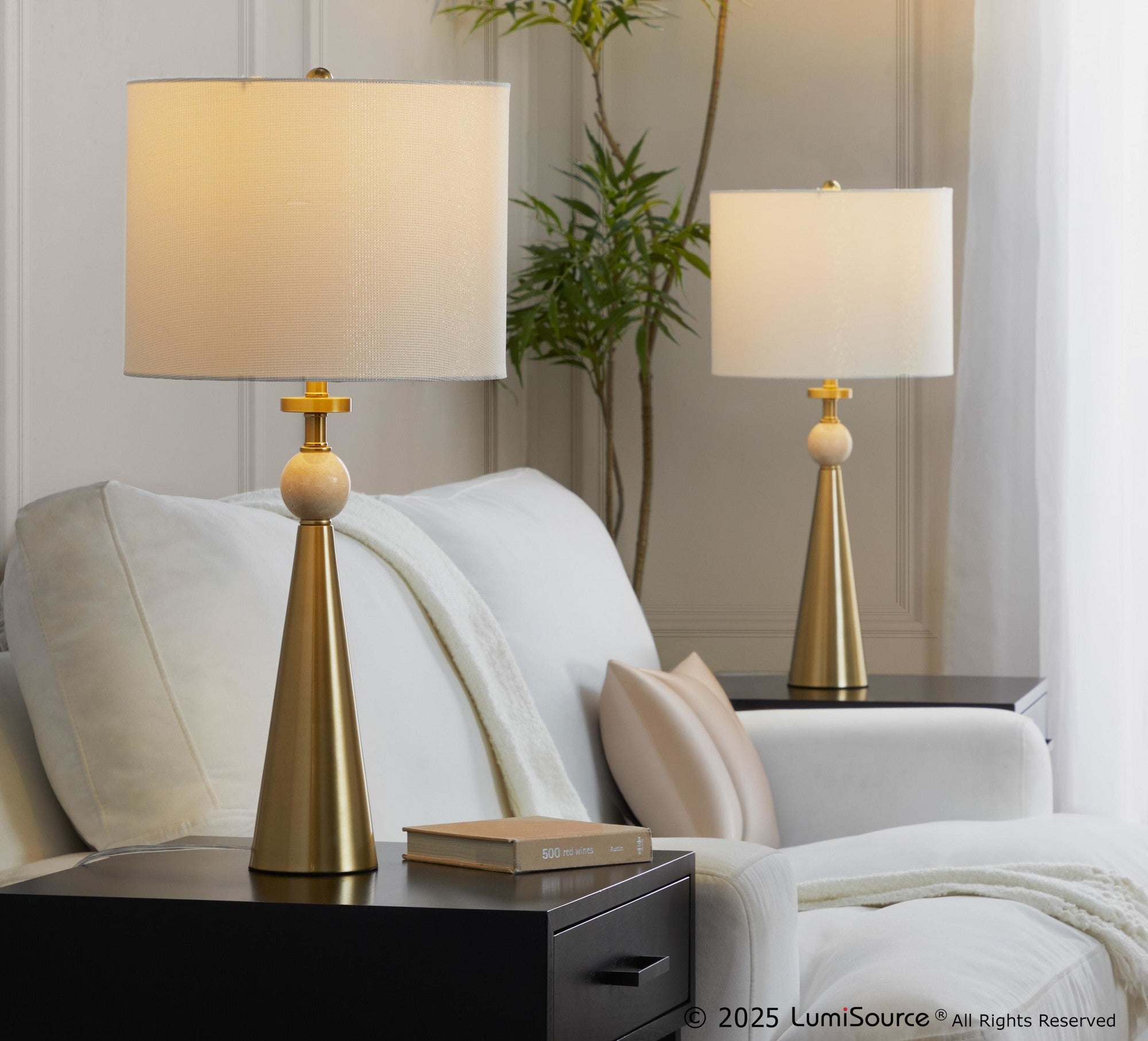 Cone Travertine 27" Table Lamp - Set of 2 - Gold Metal, Travertine, White Shimmer Shade