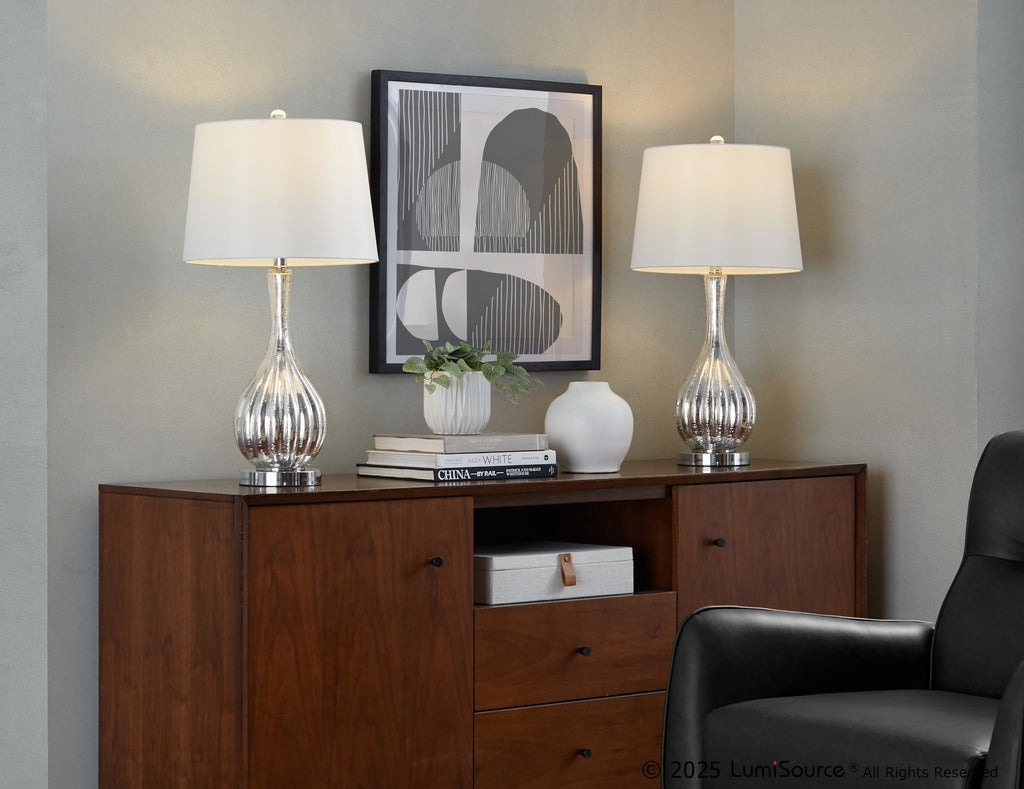 Jenny 27" Glass Table Lamp - Set of 2 - Silver Crackle Glass, Chrome Metal, White Linen