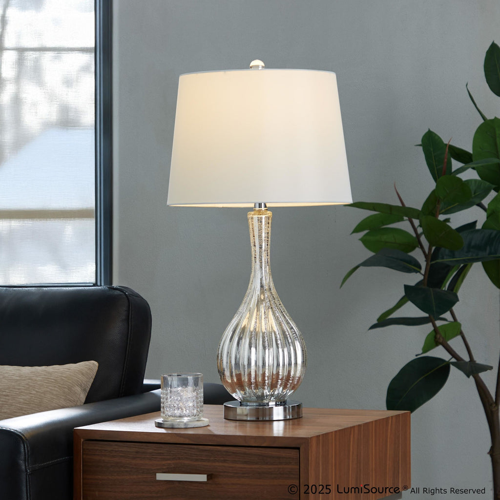 Jenny 27" Glass Table Lamp - Set of 2 - Silver Crackle Glass, Chrome Metal, White Linen