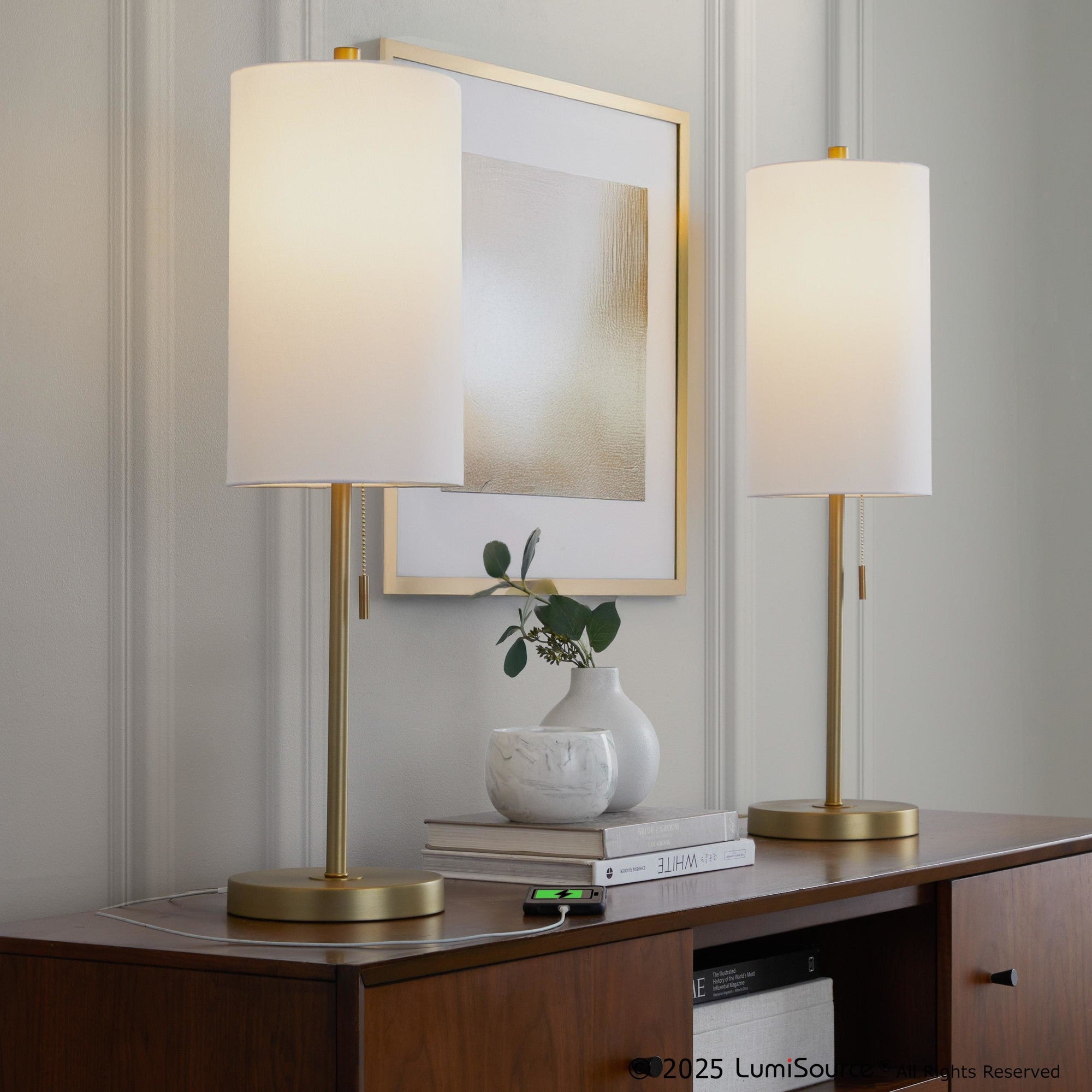 Bounty 32" Metal Buffet Lamp With Usb - Set of 2 - Gold Metal, White Linen