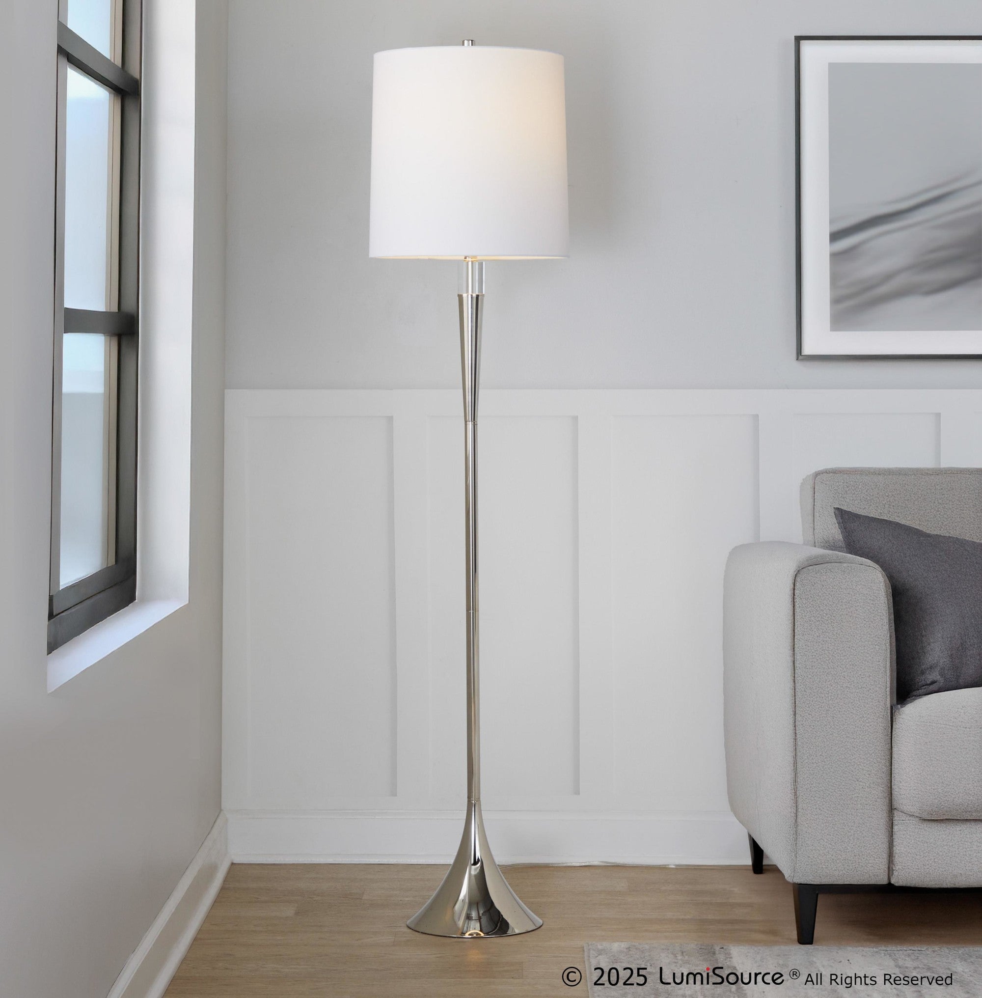 Marla 65” Metal Floor Lamp - Set of 2 - Polished Nickel, Clear Crystal, White Linen