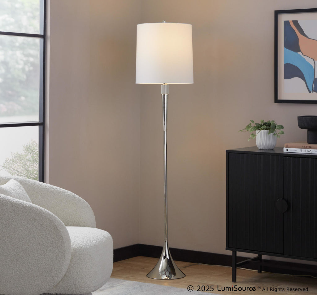 Marla 65” Metal Floor Lamp - Set of 2 - Polished Nickel, Clear Crystal, White Linen