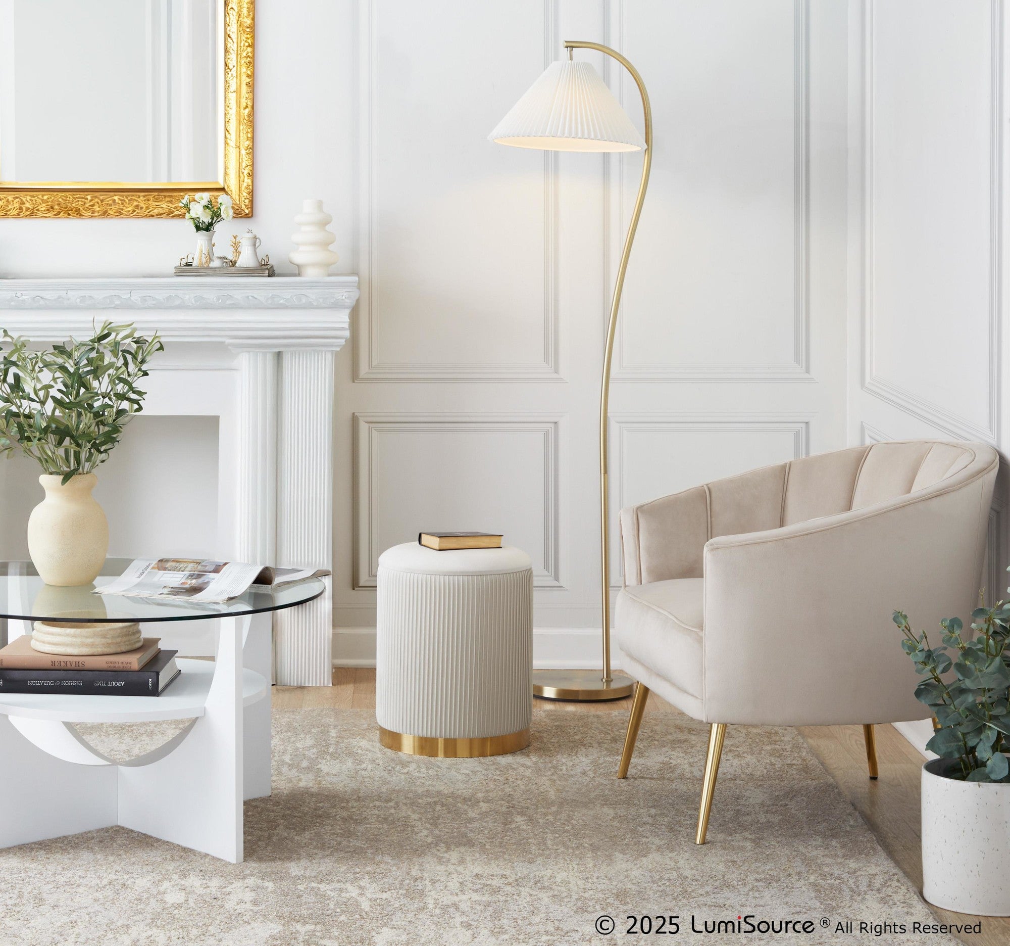 U-Shaped Coffee Table - White Wood, Clear Glass