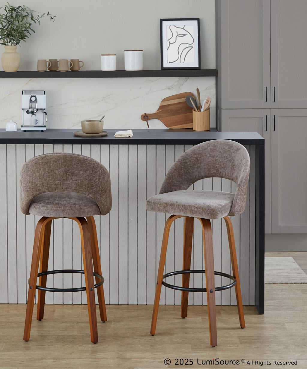 Renee Upholstered 30" Fixed-Height Barstool - Set of 2 - Walnut Wood, Brown Fabric, Black Metal