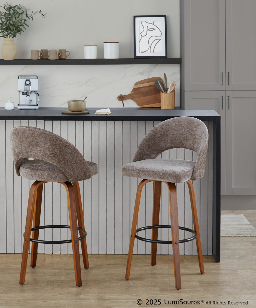 Renee Upholstered 30" Fixed-Height Barstool - Set of 2 - Walnut Wood, Brown Fabric, Black Metal