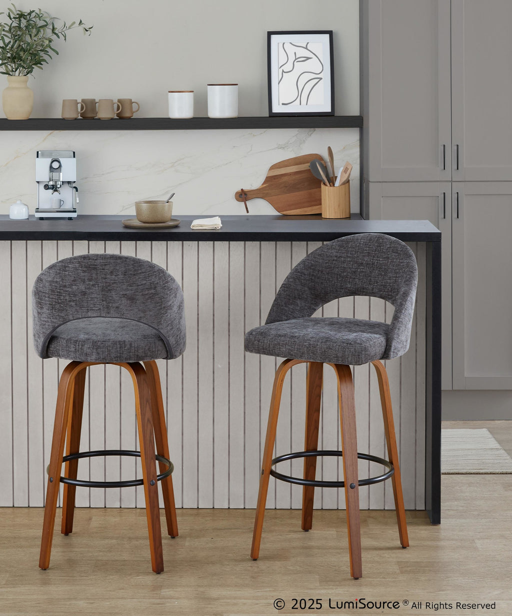 Renee Upholstered 30" Fixed-Height Barstool - Set of 2 - Walnut Wood, Dark Grey Fabric, Black Metal