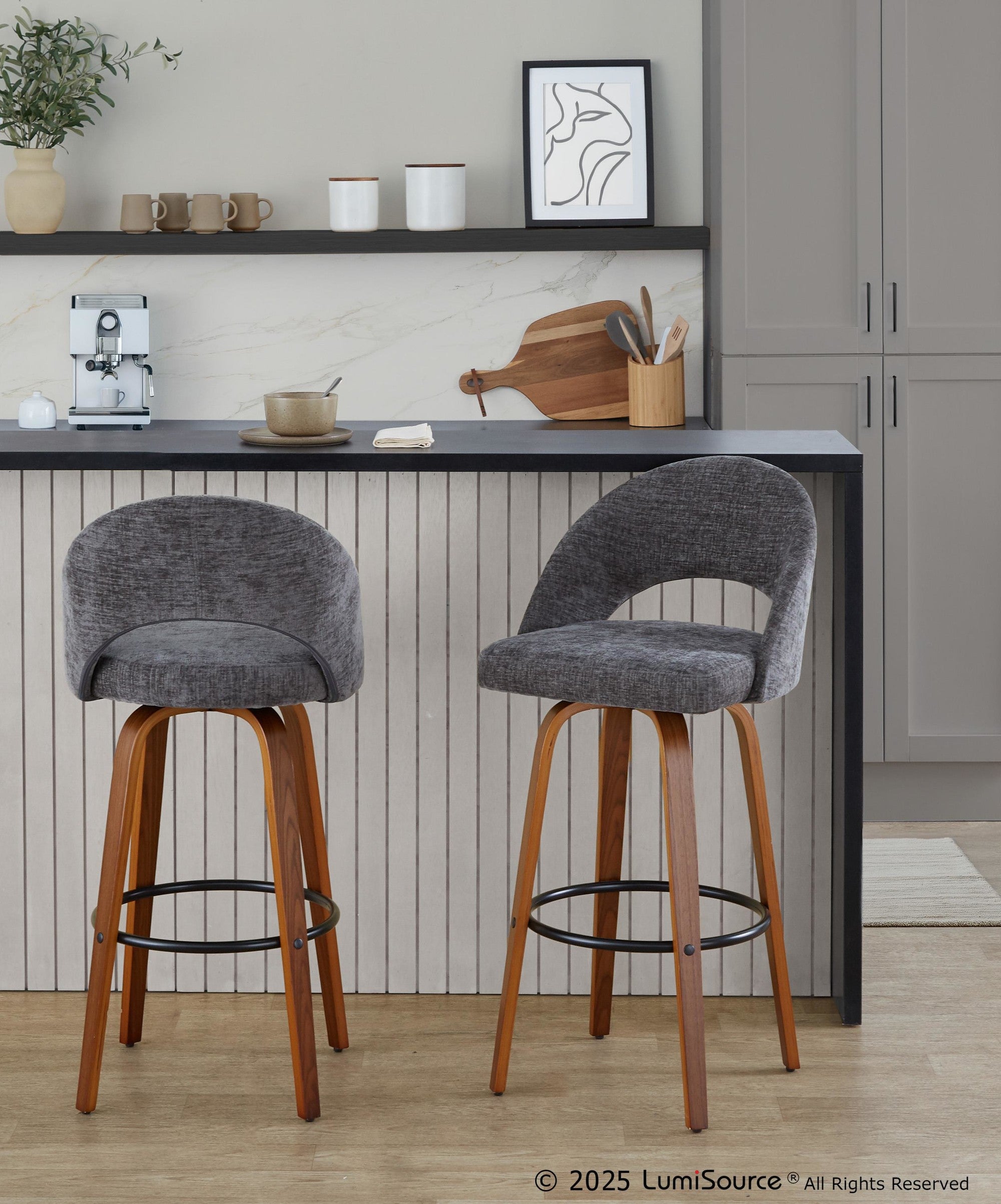 Renee Upholstered 30" Fixed-Height Barstool - Set of 2 - Walnut Wood, Dark Grey Fabric, Black Metal
