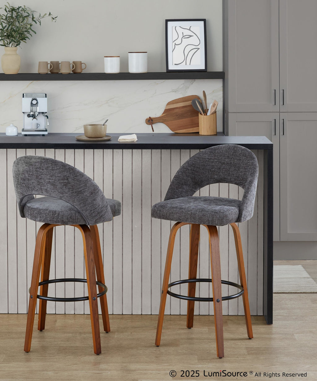 Renee Upholstered 30" Fixed-Height Barstool - Set of 2 - Walnut Wood, Dark Grey Fabric, Black Metal