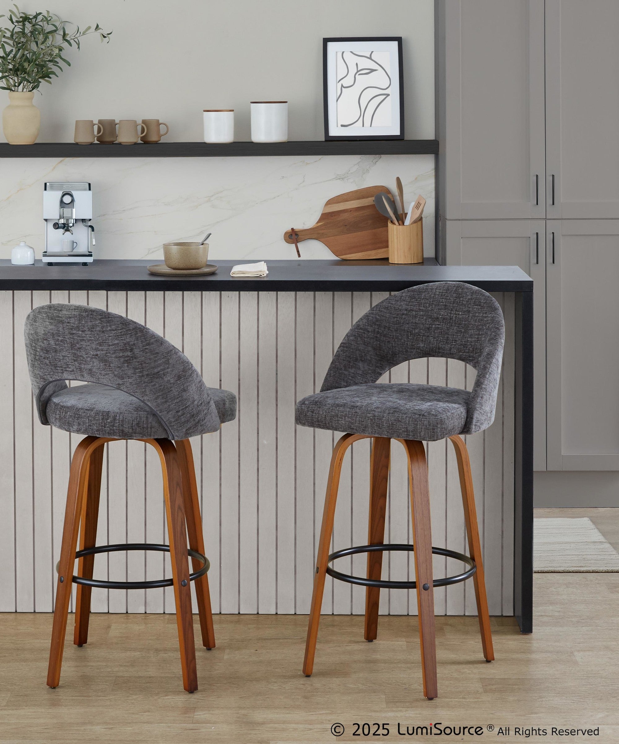 Renee Upholstered 30" Fixed-Height Barstool - Set of 2 - Walnut Wood, Dark Grey Fabric, Black Metal