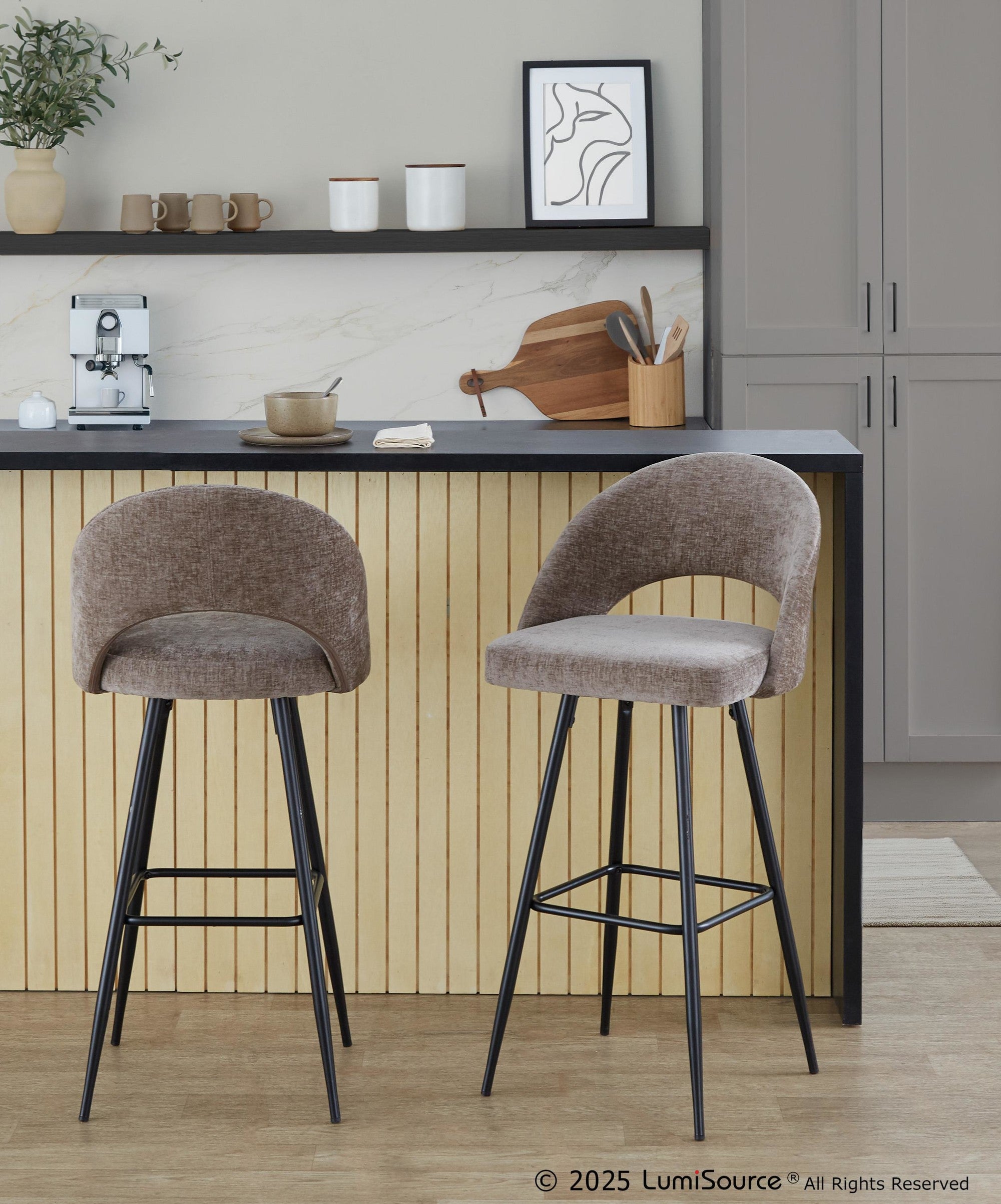 Renee Upholstered 30" Fixed-Height Barstool - Set of 2 - Black Metal, Brown Fabric