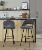 Renee Upholstered 30" Fixed-Height Barstool - Set of 2 - Black Metal, Dark Grey Fabric