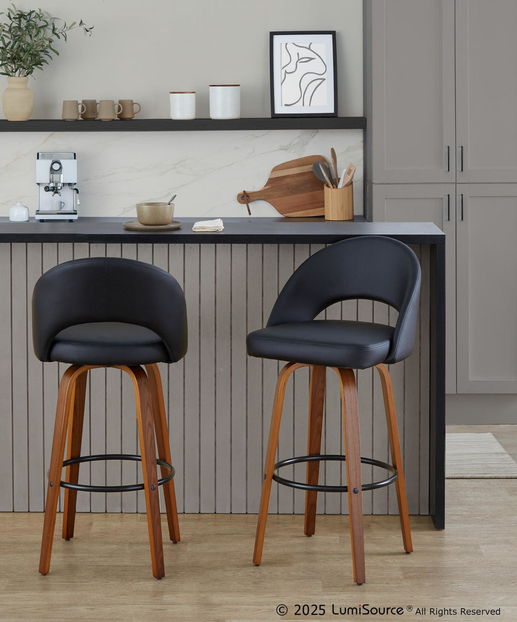 Renee Upholstered 30" Fixed-Height Barstool - Set of 2 - Walnut Wood, Black PU, Black Metal