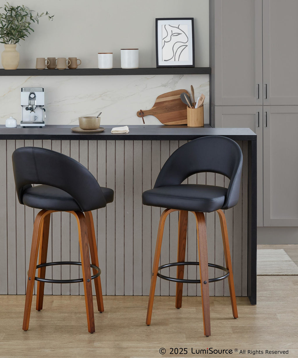 Renee Upholstered 30" Fixed-Height Barstool - Set of 2 - Walnut Wood, Black PU, Black Metal