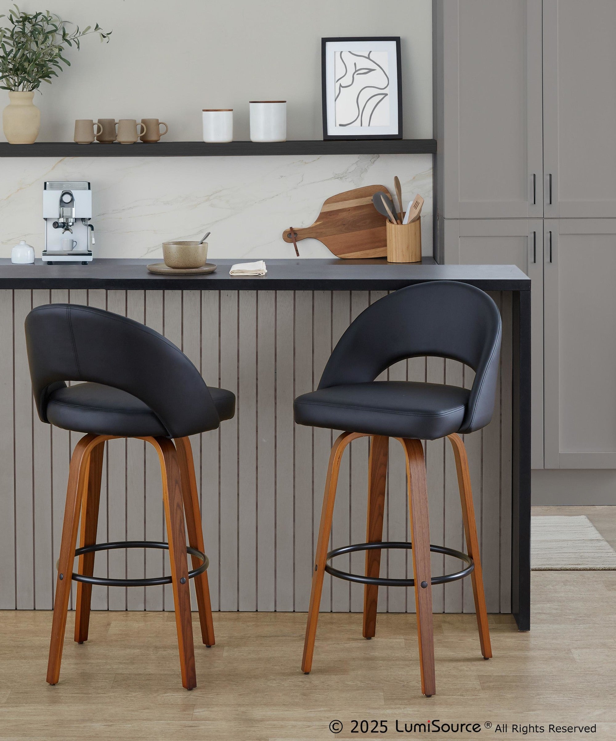 Renee Upholstered 30" Fixed-Height Barstool - Set of 2 - Walnut Wood, Black PU, Black Metal
