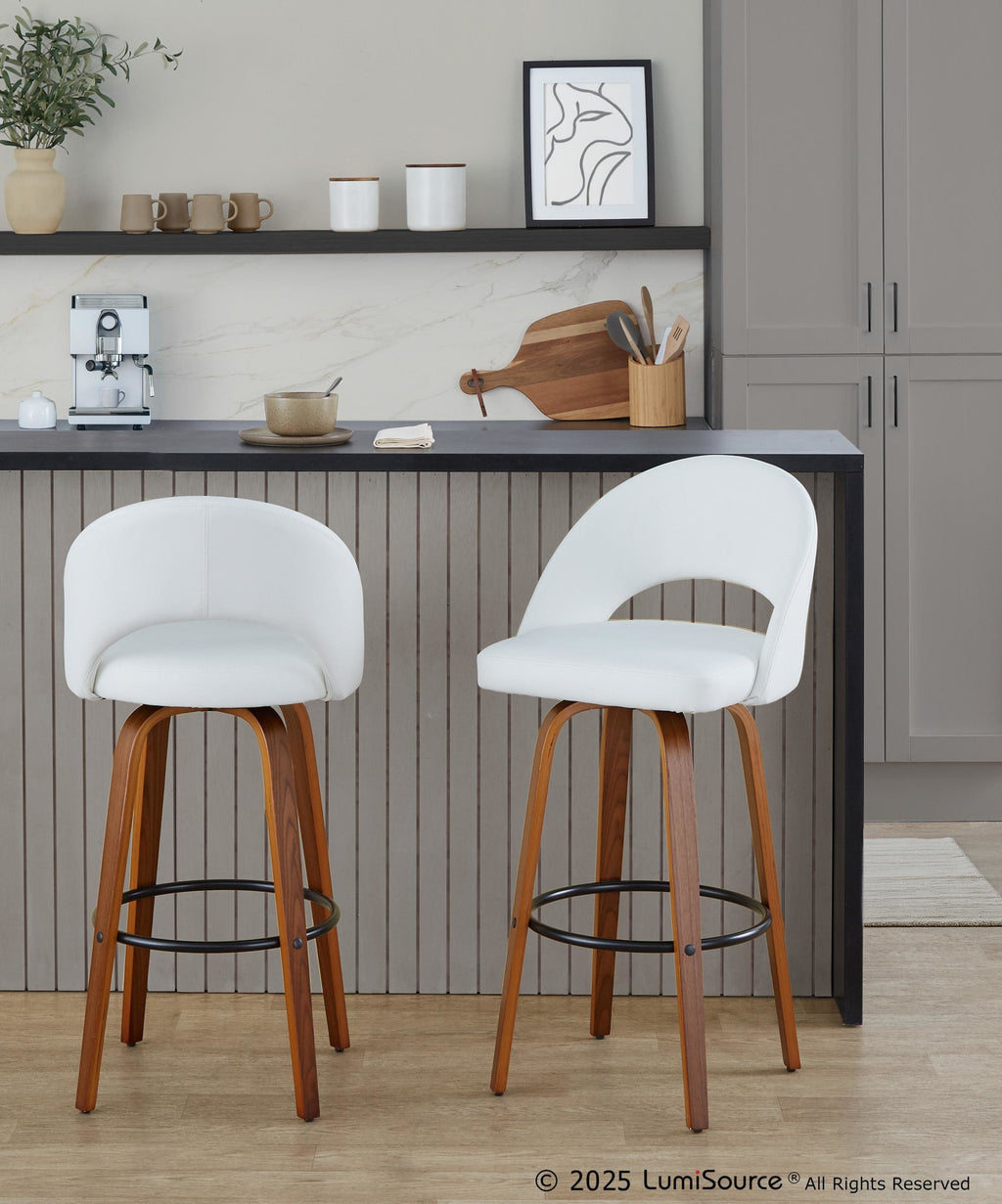 Renee Upholstered 30" Fixed-Height Barstool - Set of 2 - Walnut Wood, White PU, Black Metal