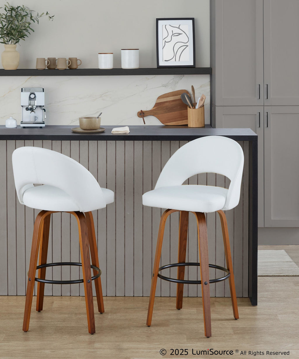Renee Upholstered 30" Fixed-Height Barstool - Set of 2 - Walnut Wood, White PU, Black Metal