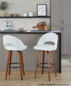 Renee Upholstered 30" Fixed-Height Barstool - Set of 2 - Walnut Wood, White PU, Black Metal