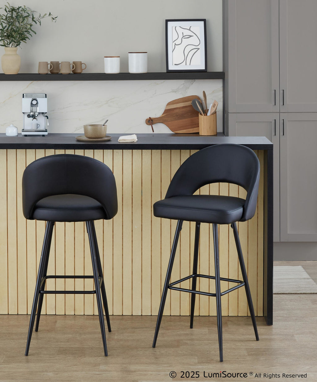 Renee Upholstered 30" Fixed-Height Barstool - Set of 2 - Black Metal, Black PU