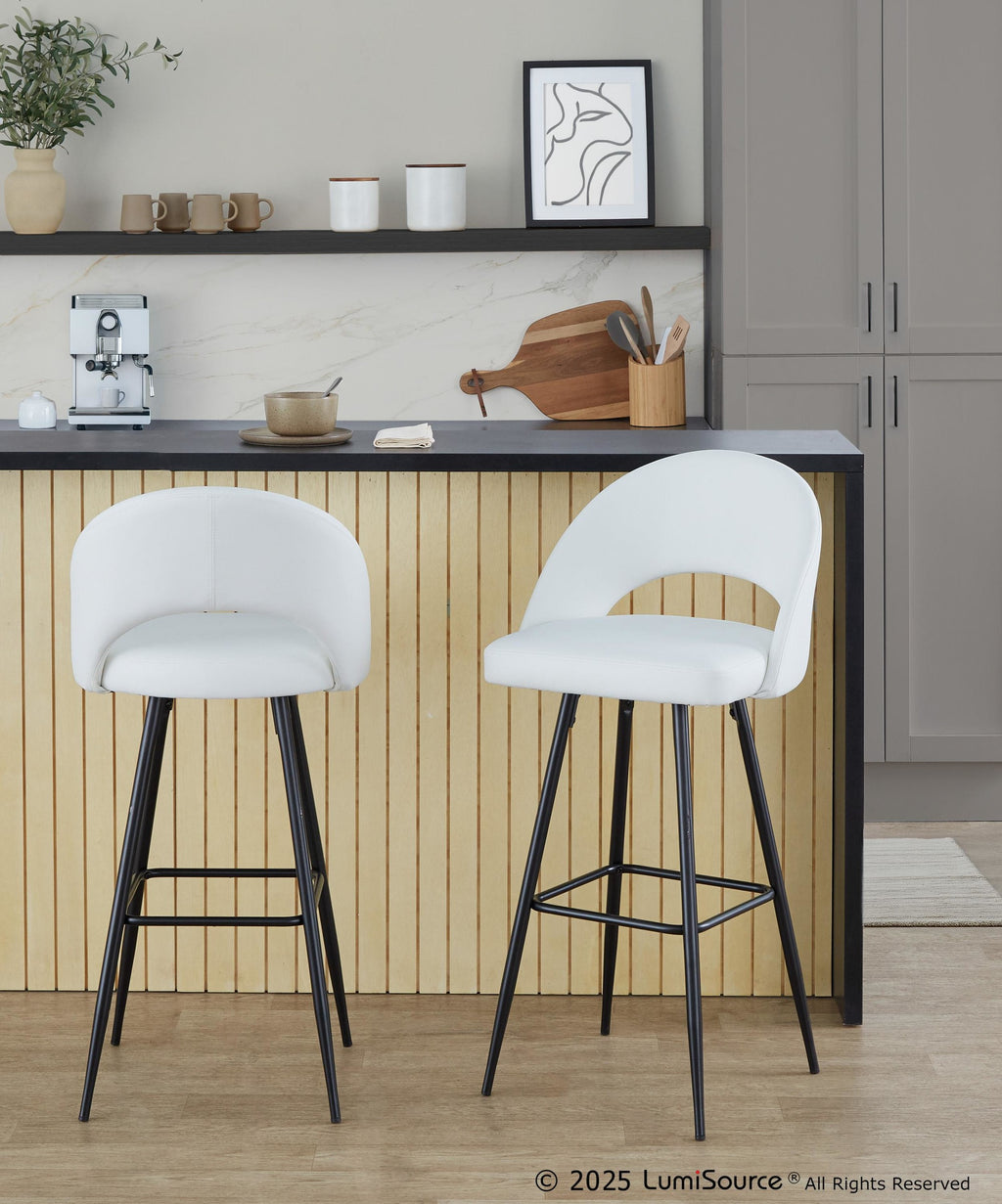 Renee Upholstered 30" Fixed-Height Barstool - Set of 2 - Black Metal, White PU