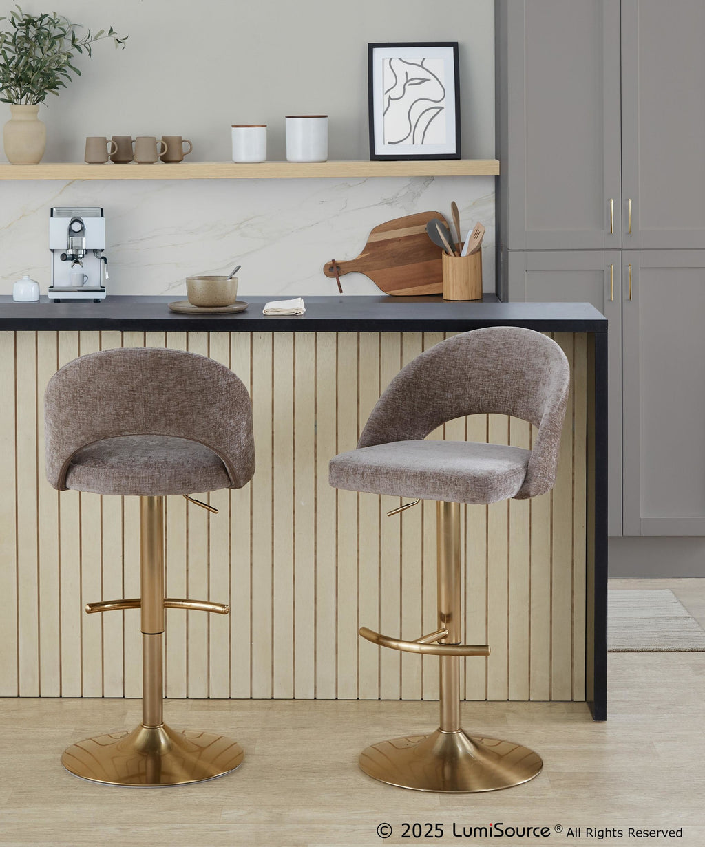 Renee Adjustable Barstool - Set of 2 - Gold Metal, Dark Grey Fabric