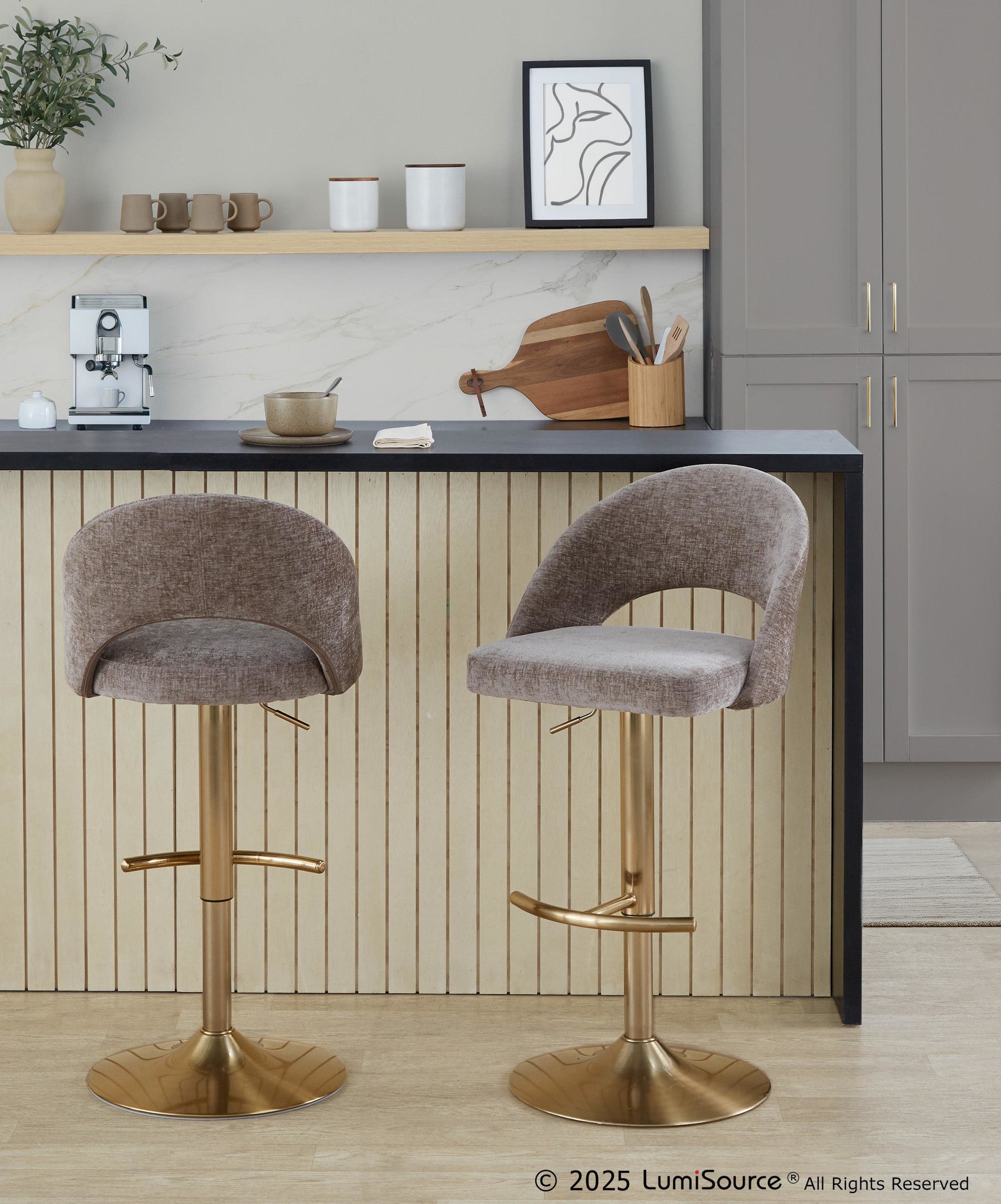 Renee Adjustable Barstool - Set of 2 - Gold Metal, Dark Grey Fabric