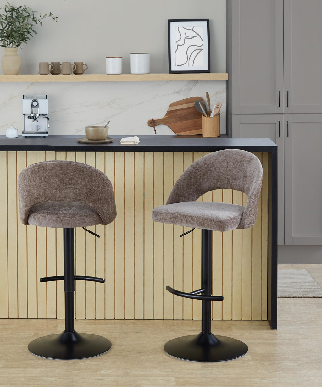 Renee Adjustable Barstool - Set of 2 - Black Metal, Brown Fabric