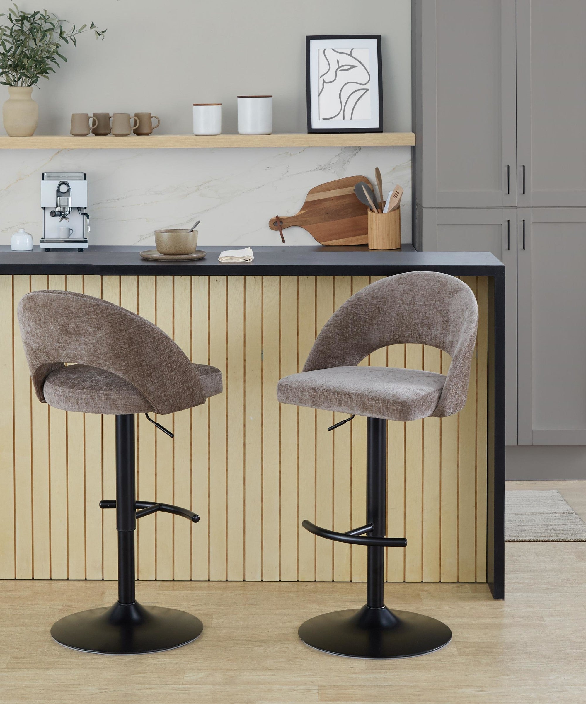 Renee Adjustable Barstool - Set of 2 - Black Metal, Brown Fabric
