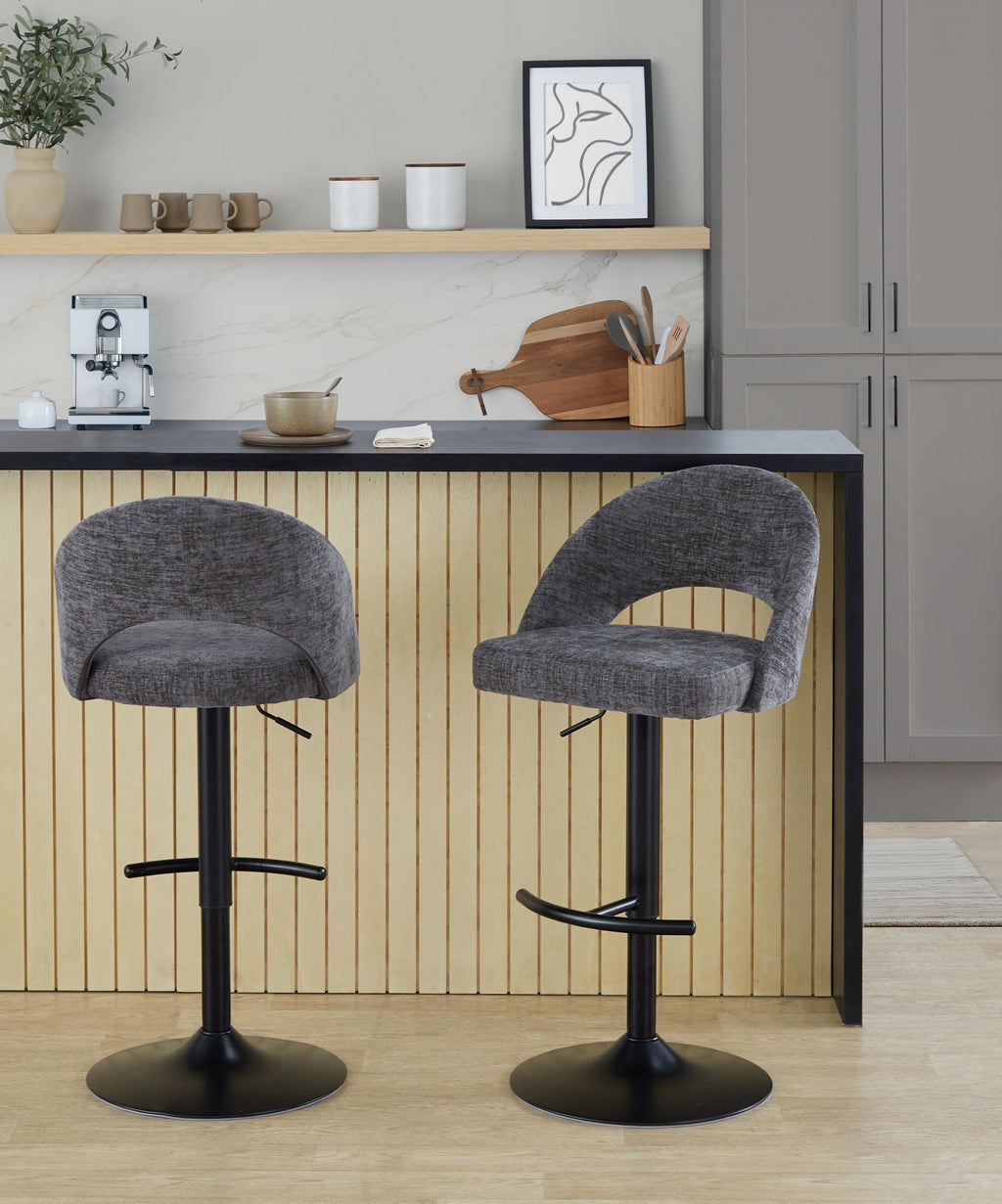 Renee Adjustable Barstool - Set of 2 - Black Metal, Dark Grey Fabric