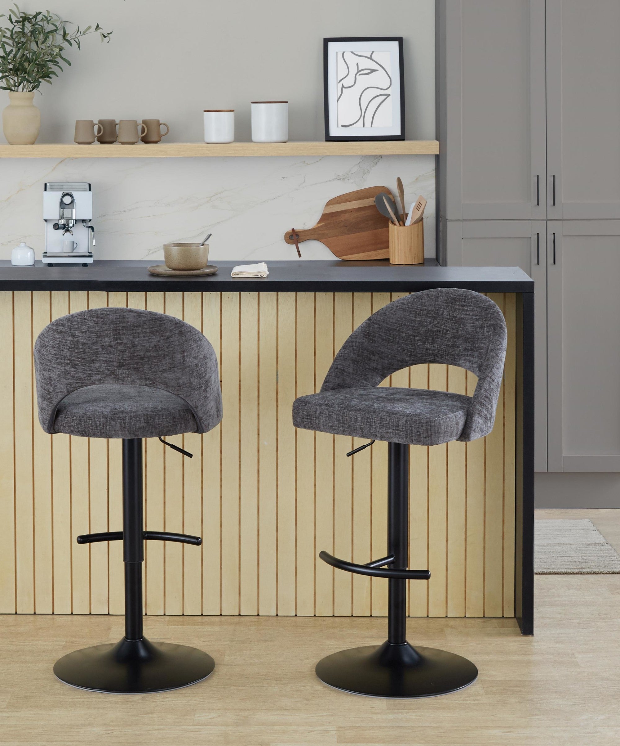 Renee Adjustable Barstool - Set of 2 - Black Metal, Dark Grey Fabric