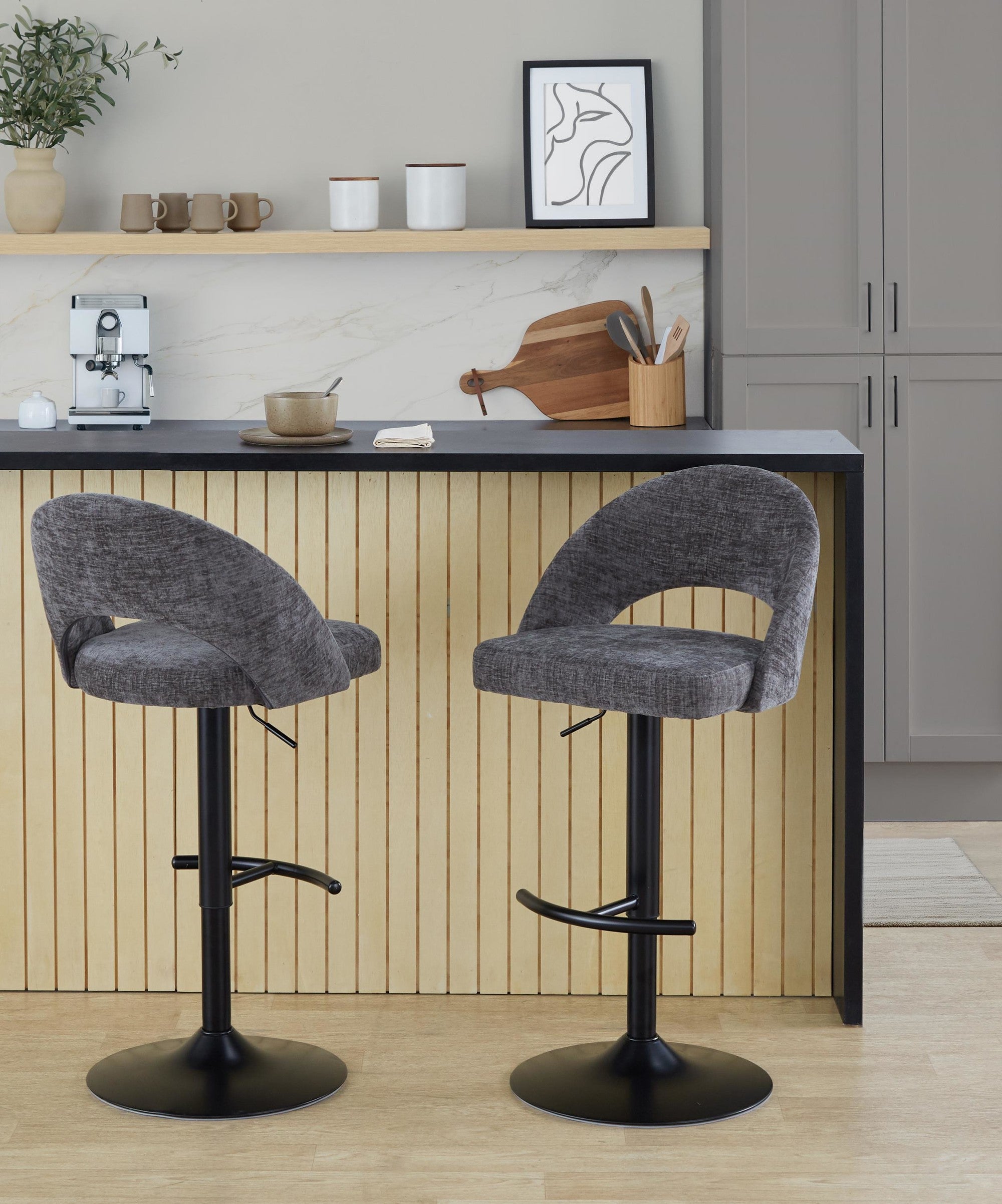 Renee Adjustable Barstool - Set of 2 - Black Metal, Dark Grey Fabric