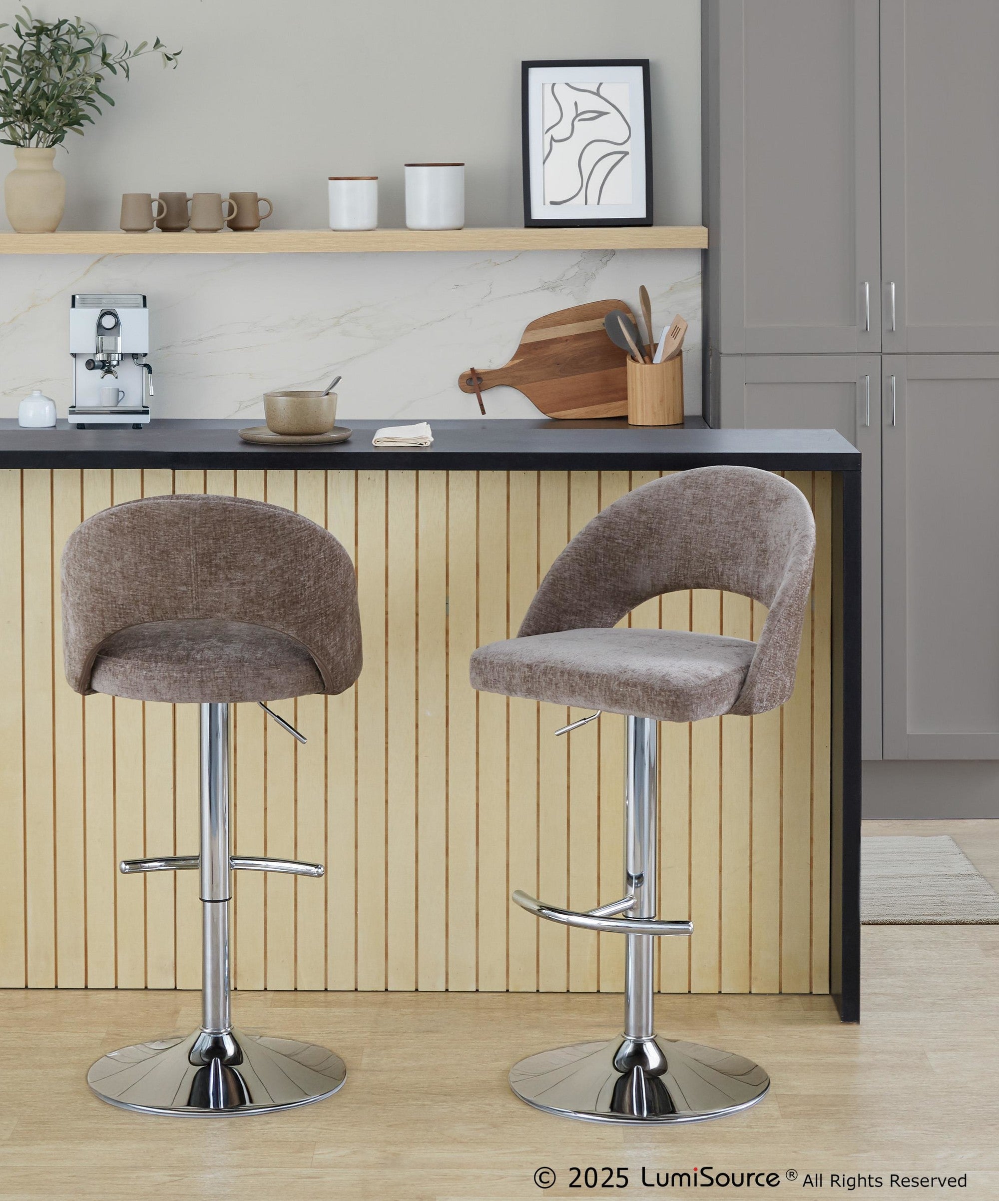 Renee Adjustable Barstool - Set of 2 - Chrome, Brown Fabric