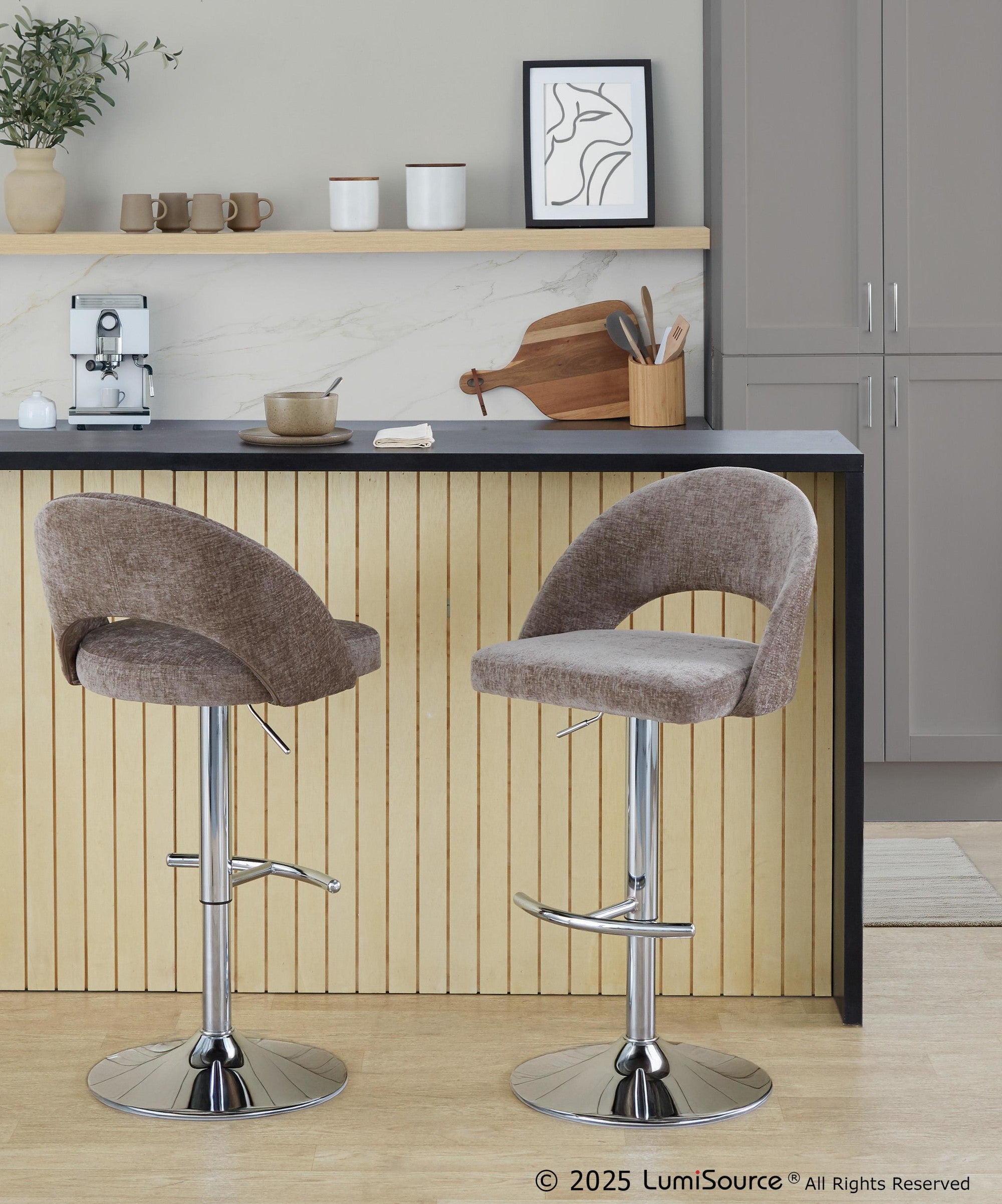Renee Adjustable Barstool - Set of 2 - Chrome, Brown Fabric