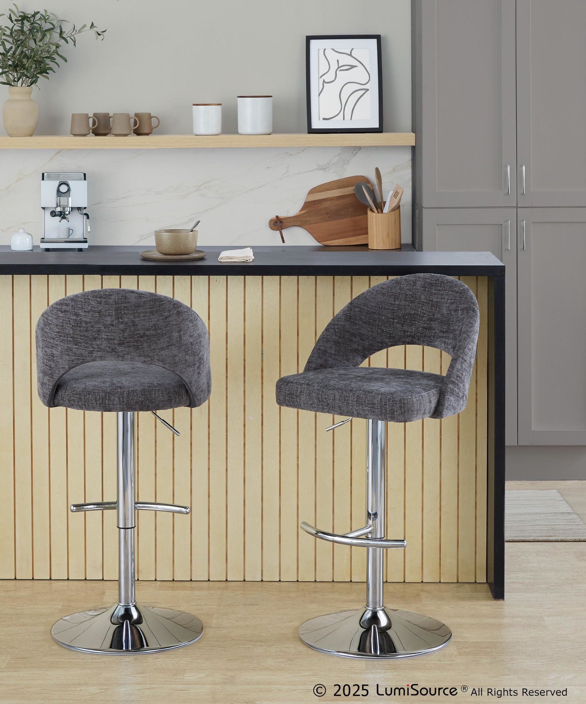 Renee Adjustable Barstool - Set of 2 - Chrome, Dark Grey Fabric