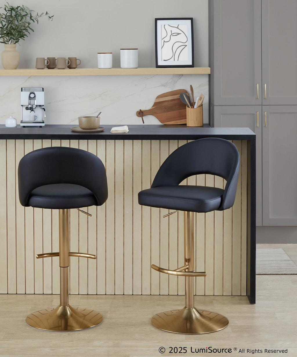Renee Adjustable Barstool - Set of 2 - Gold Metal, Black PU