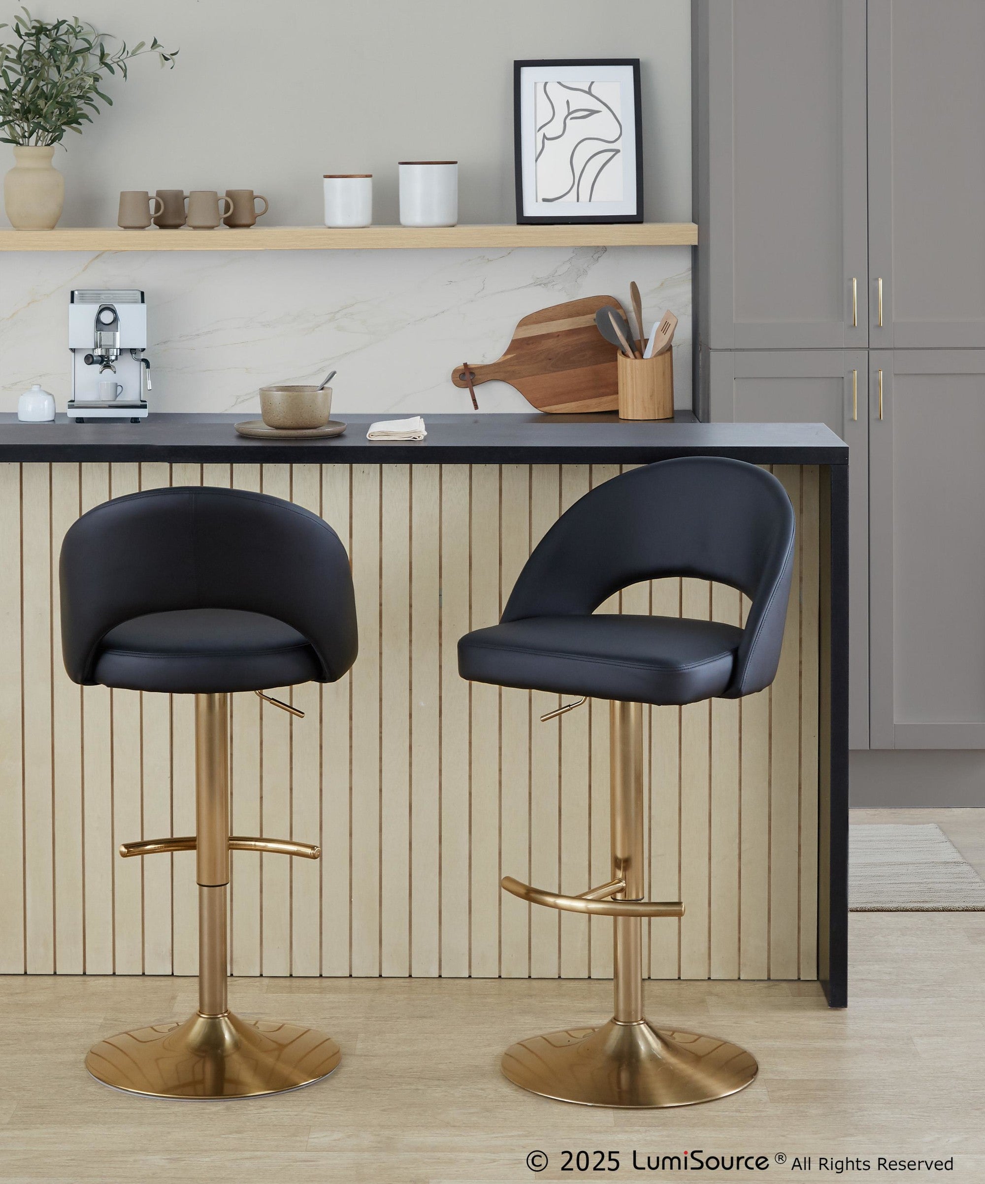 Renee Adjustable Barstool - Set of 2 - Gold Metal, Black PU