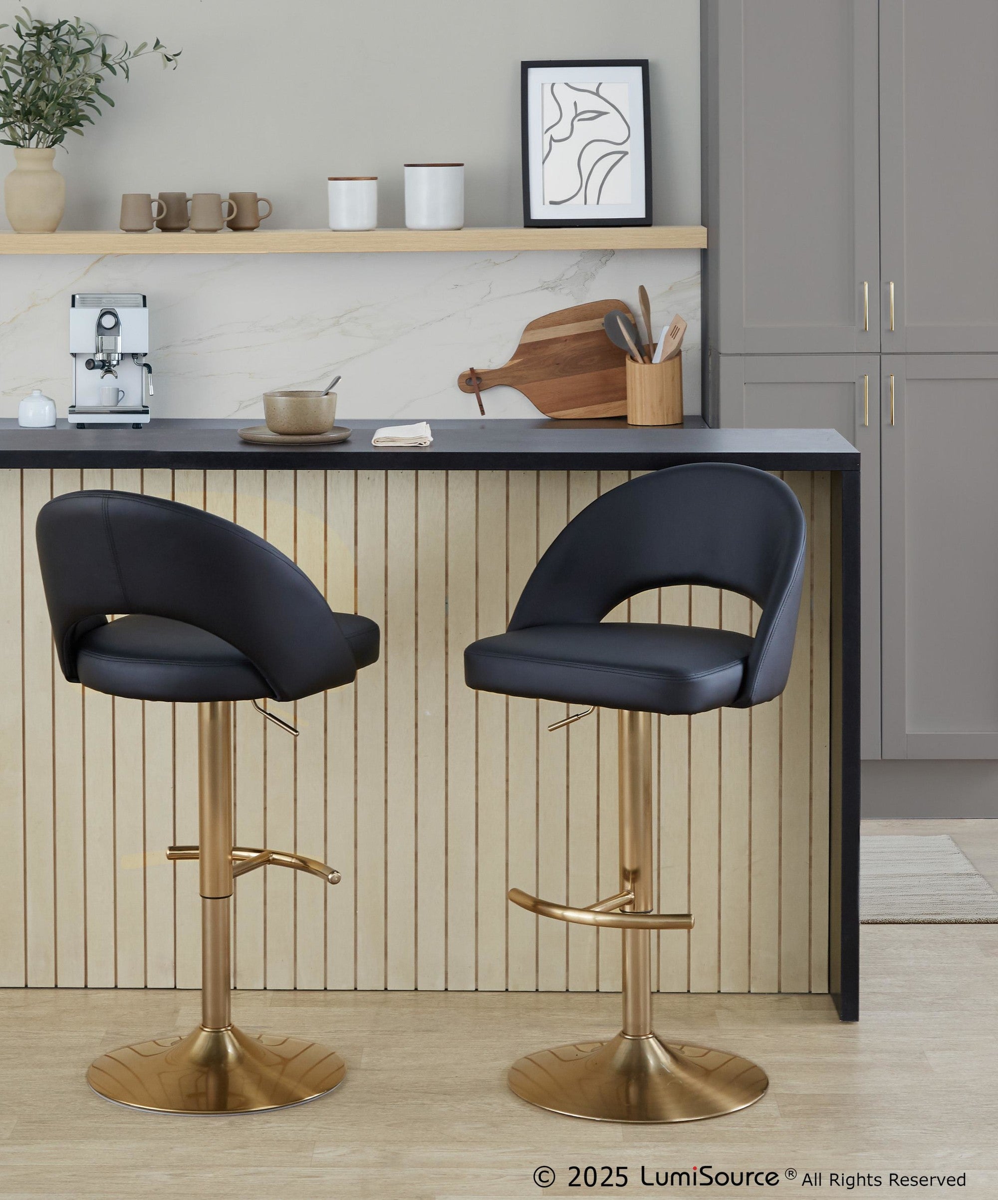 Renee Adjustable Barstool - Set of 2 - Gold Metal, Black PU