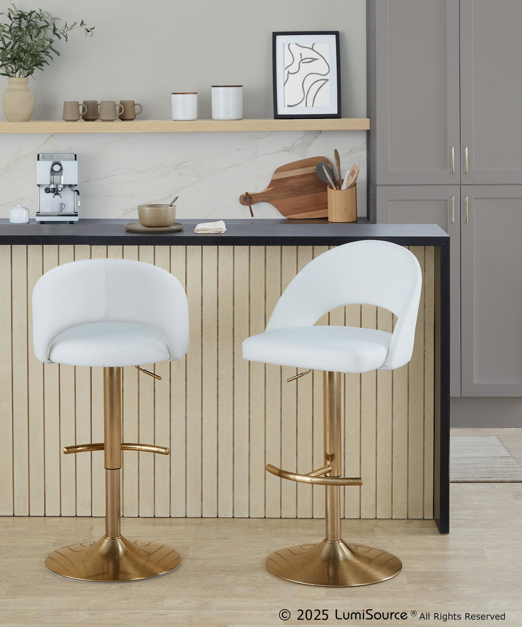 Renee Adjustable Barstool - Set of 2 - Gold Metal, White PU