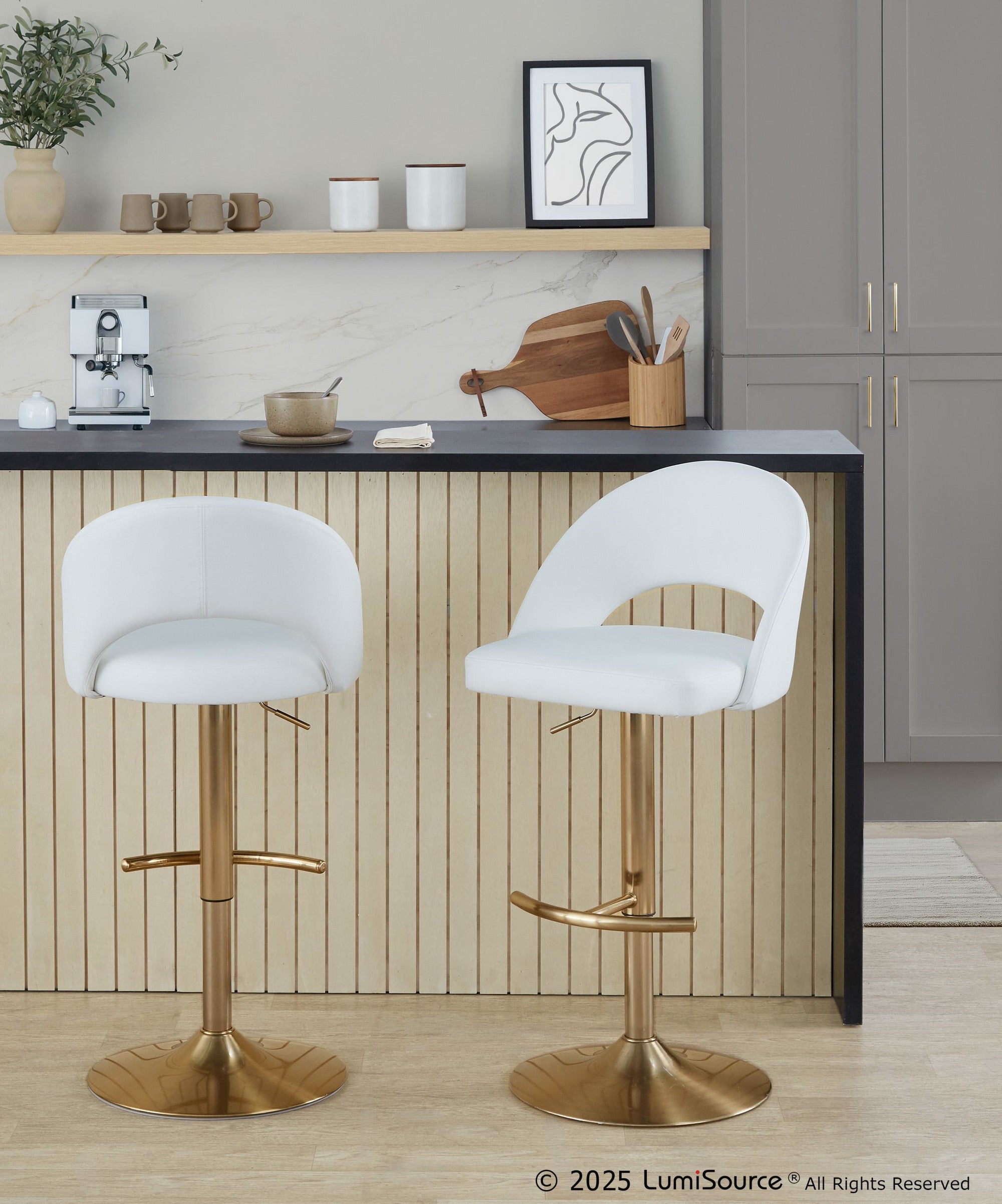 Renee Adjustable Barstool - Set of 2 - Gold Metal, White PU