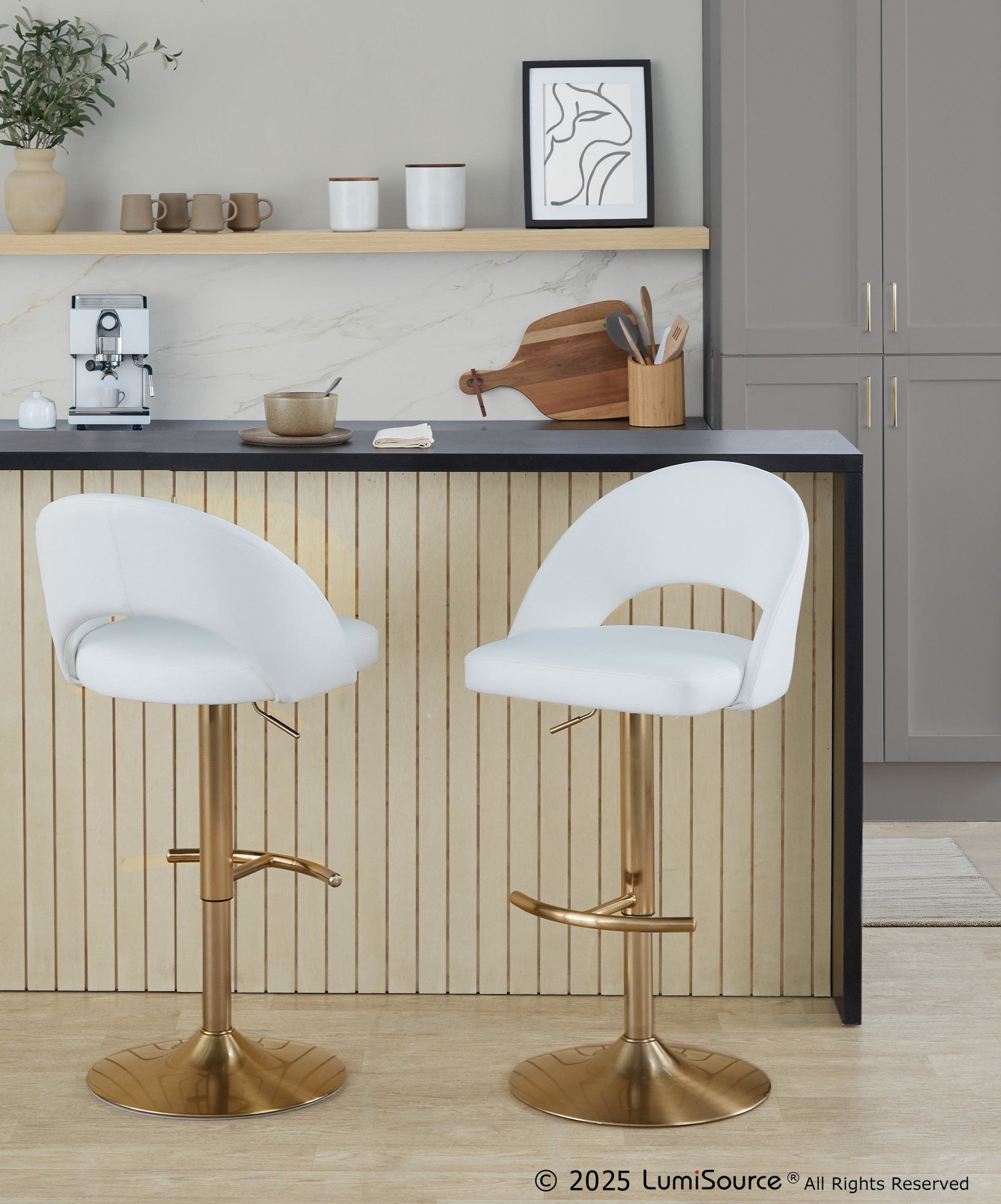 Renee Adjustable Barstool - Set of 2 - Gold Metal, White PU