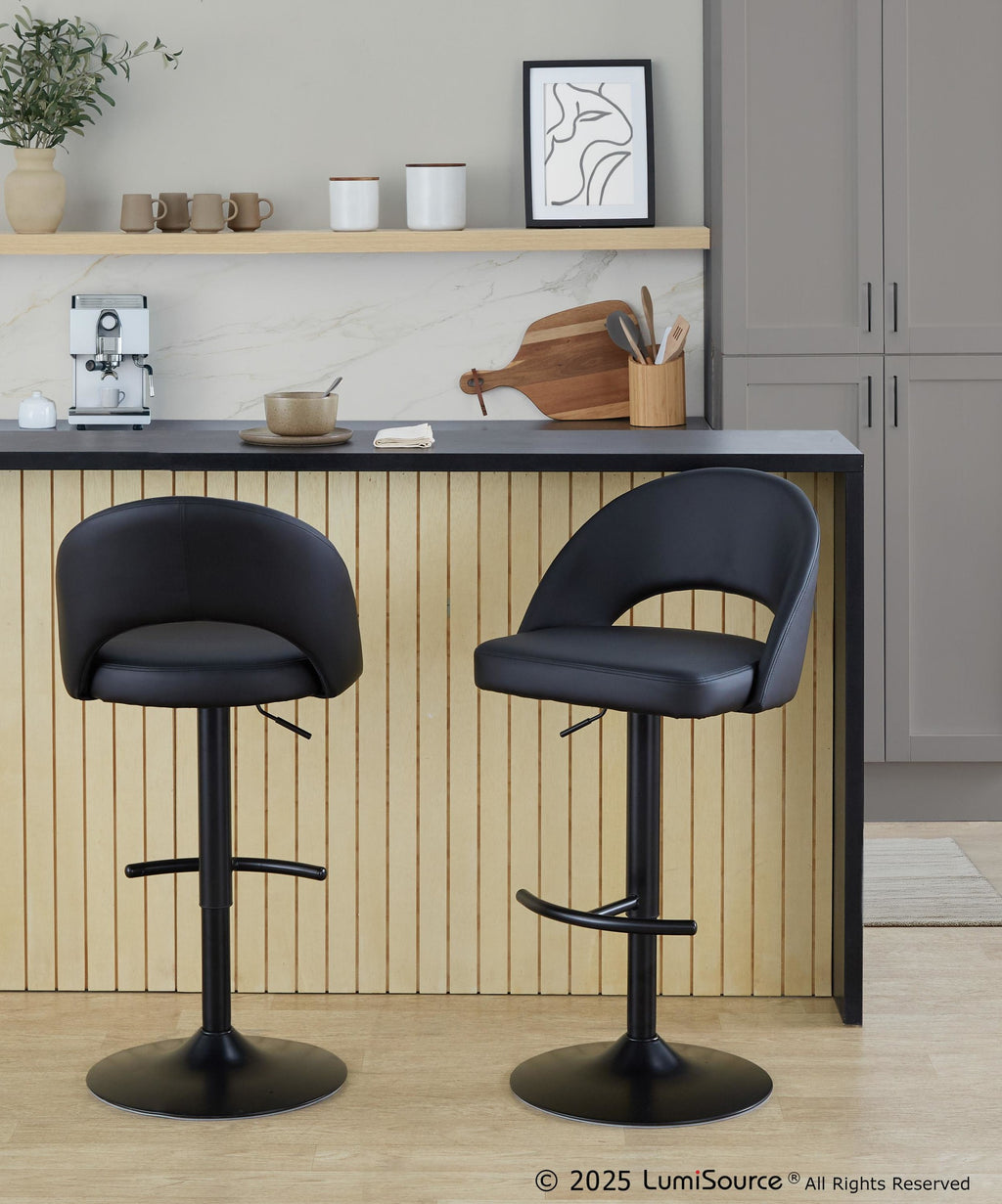 Renee Adjustable Barstool - Set of 2 - Black Metal, Black PU