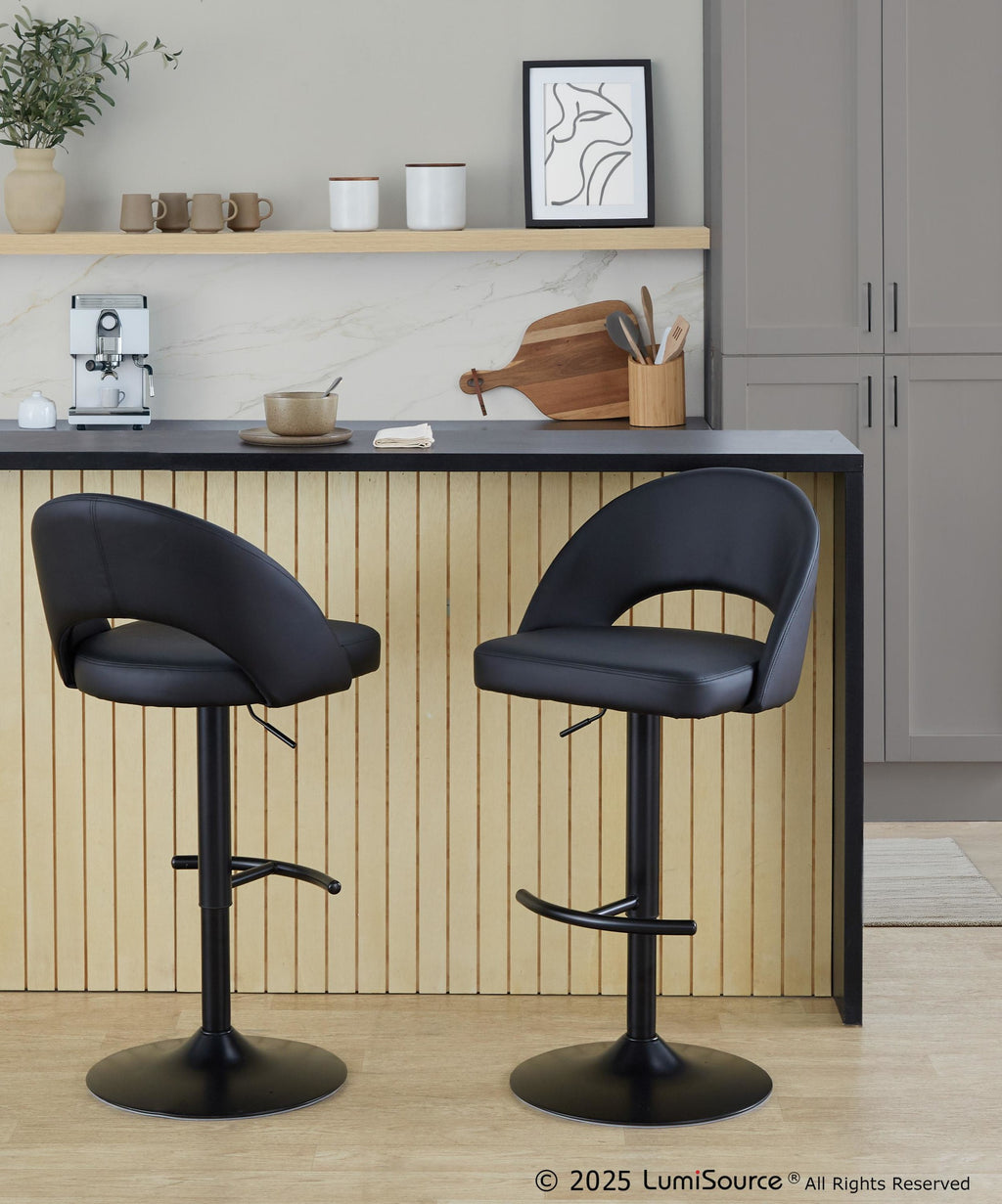 Renee Adjustable Barstool - Set of 2 - Black Metal, Black PU
