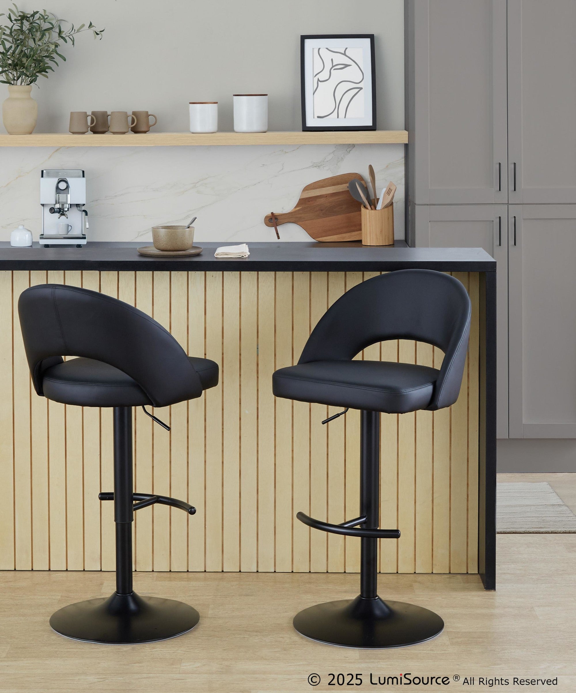 Renee Adjustable Barstool - Set of 2 - Black Metal, Black PU