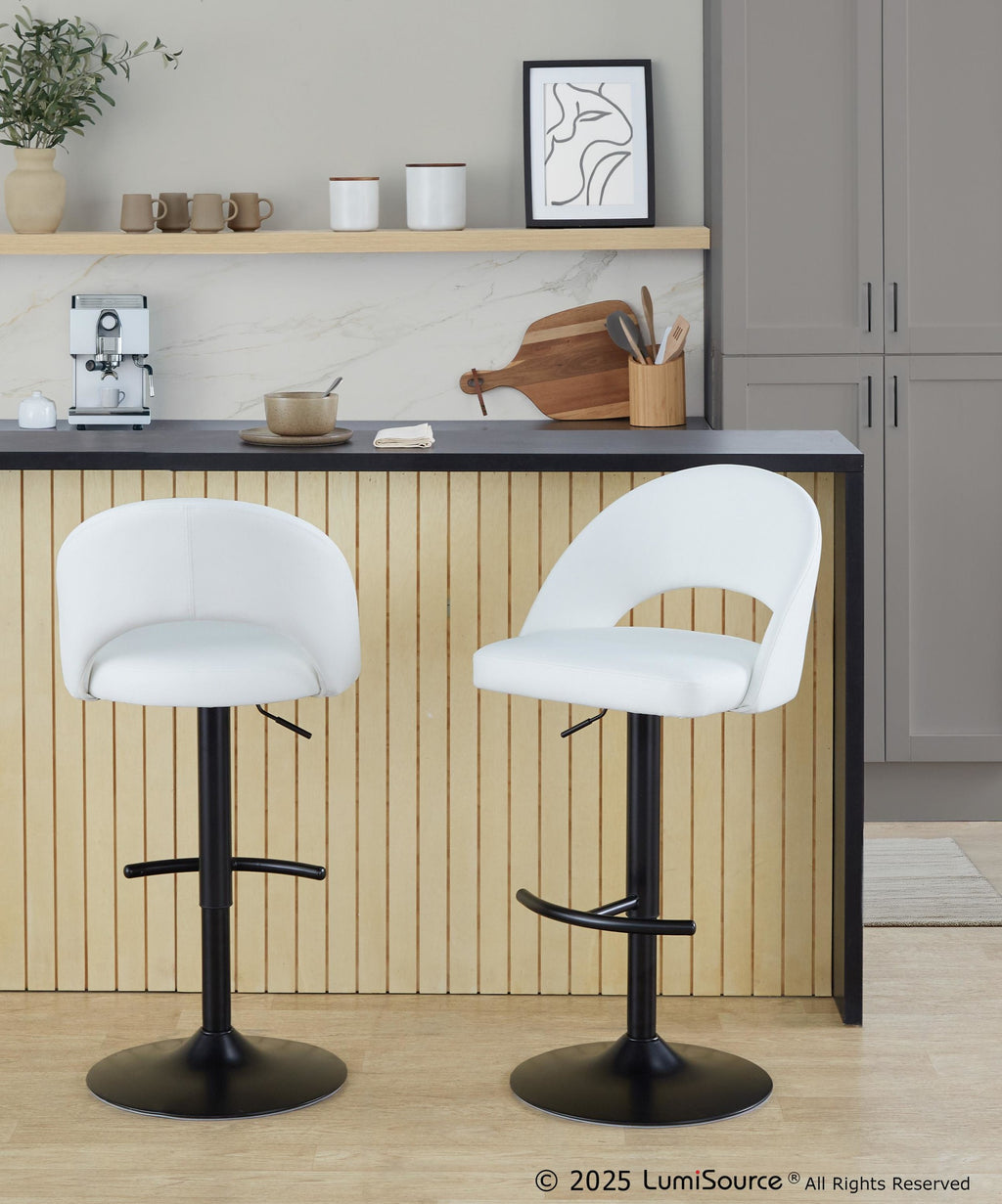 Renee Adjustable Barstool - Set of 2 - Black Metal, White PU