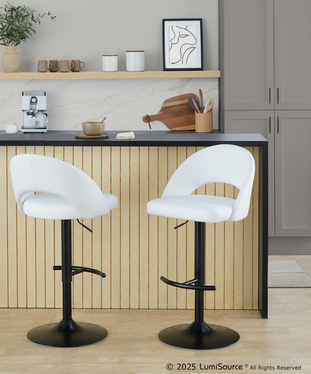 Renee Adjustable Barstool - Set of 2 - Black Metal, White PU